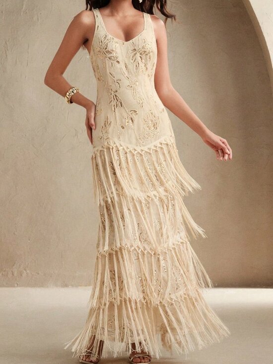 Dresses & Skirts - Apricot Elegant Women's Embroidered Tassel Textured Sequin Detail Maxi Dress
